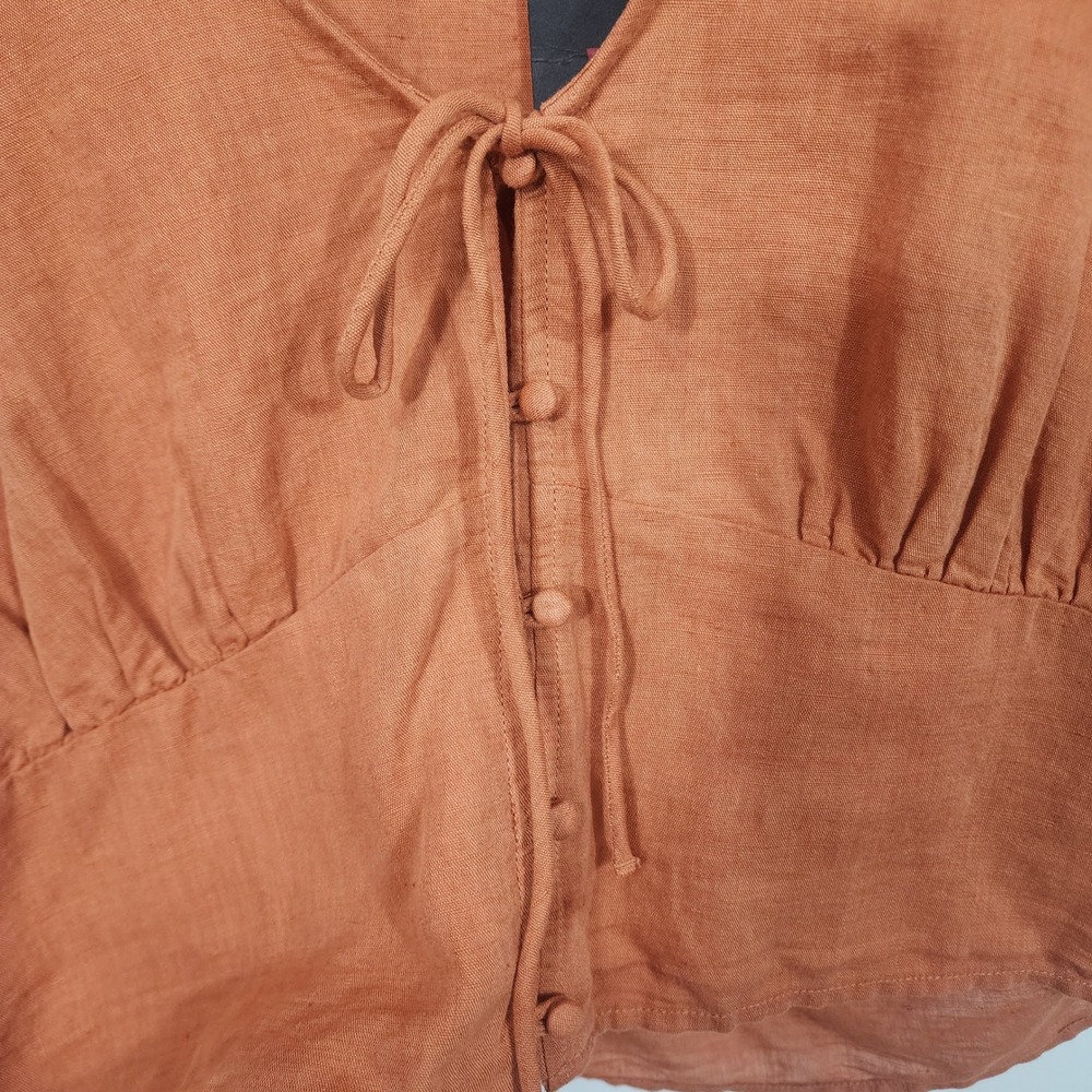 Levi's Linen cotton Blend Tie Front Crop Top XL Orange Puff Sleeve Boho - Picture 5 of 9
